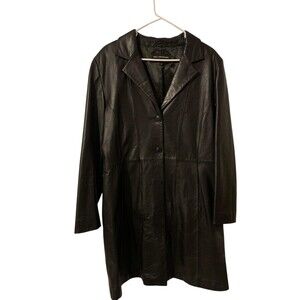 Bod & Christensen Coat Womens 12 Black Leather Button Front Long Jacket Trench